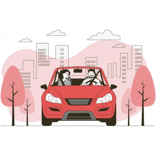 Illustration of a student and instructor in a red car